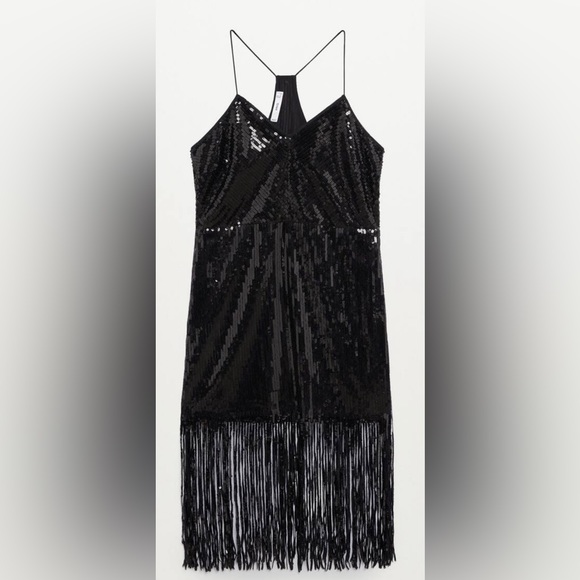 MNG Mango Black Sequins Fringe Party Evening Cocktail Gatsby Inspired Dress - Picture 4 of 10